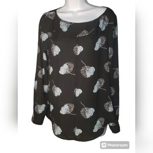Loft Women's Blue and Black Floral Stylish Long Sleeve Blouse ID#70107 SZ SMALL